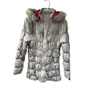 Dollhouse Outerwear Juniors Large Gray/Pink Puffer Jacket Coat w/Removable Hood